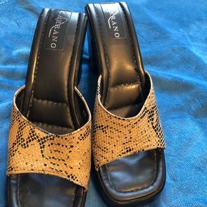 Carrano Tan and Black Snakeskin block heels